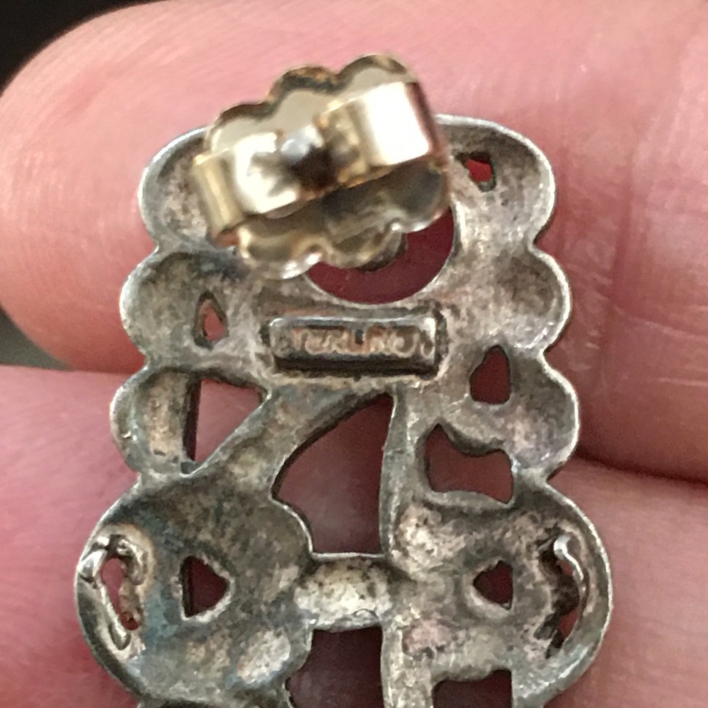 Antique Solid Sterling Silver Marcasite Large Ear… - image 8